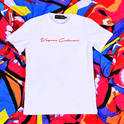 White Tee with Red Foil Signature Logo