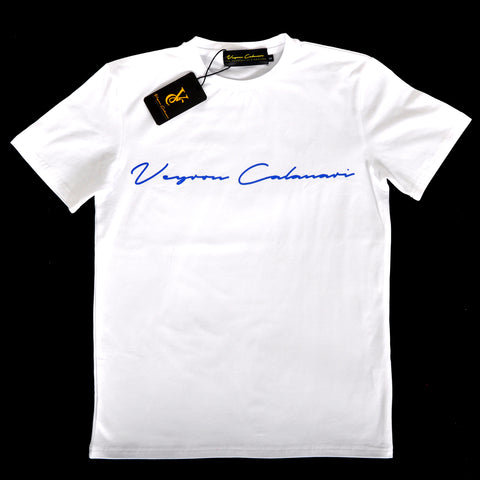 White Tee with Royal Blue Foil Signature Logo