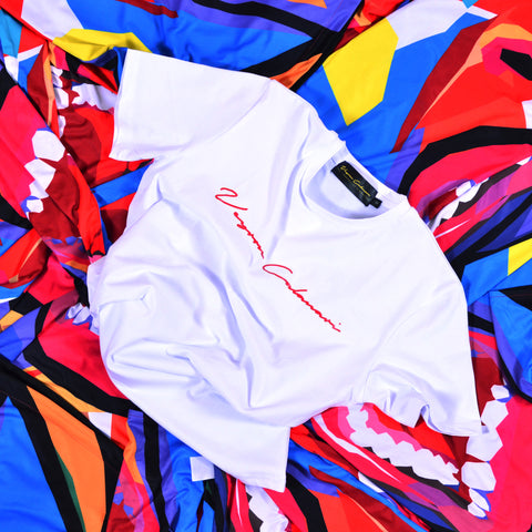 White Tee with Red Foil Signature Logo